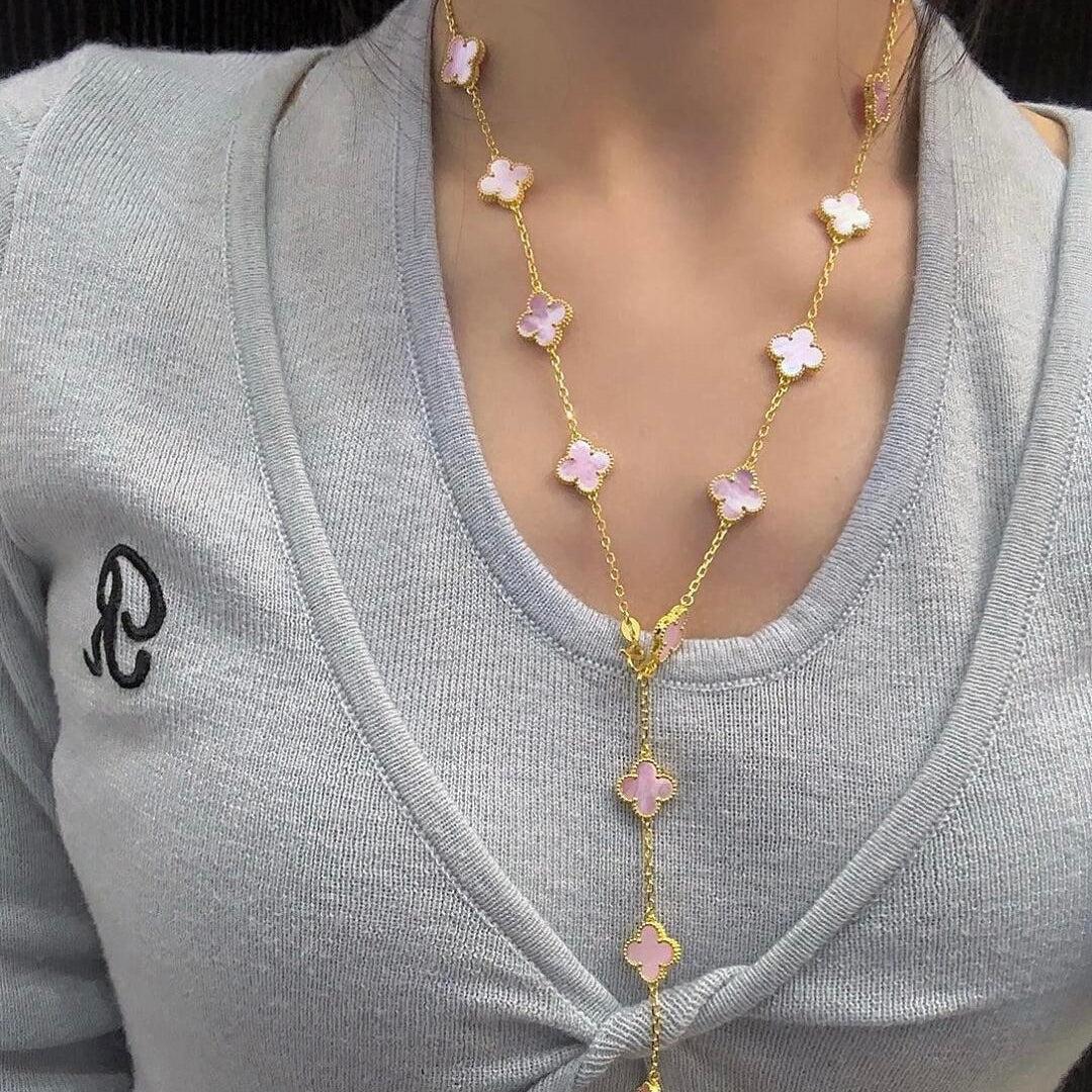 [Zalyn Jewelry ]CLOVER 20 MOTIFS PINK MOP NECKLACE