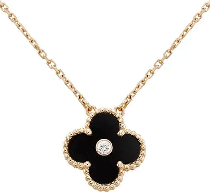 [Zalyn Jewelry ]CLOVER 15MM DIAMOND ONYX NECKLACE