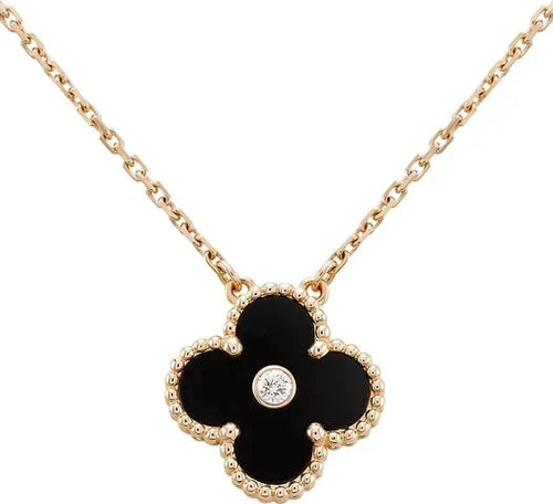 [Zalyn Jewelry ]CLOVER 15MM DIAMOND ONYX NECKLACE