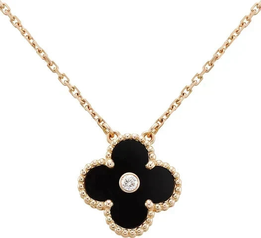 [Zalyn Jewelry ]CLOVER 15MM DIAMOND ONYX NECKLACE