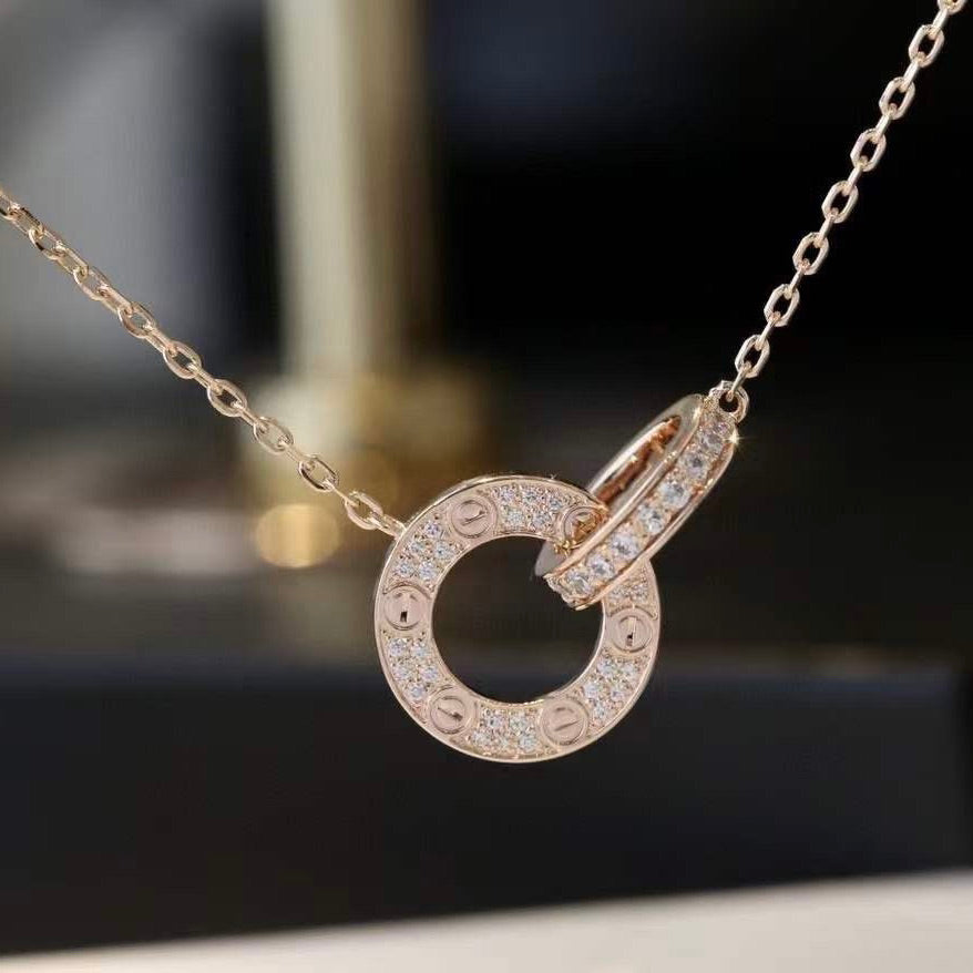 [Zalyn Jewelry ]LOVE 7.6MM NECKLACE ROSE GOLD AND SILVER  FULL DIAMOND
