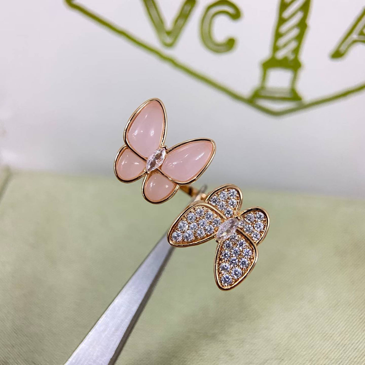 [Zalyn Jewelry]TWIN BUTTERFLY NEW DIAMOND & PINK BUTTERFLY RING