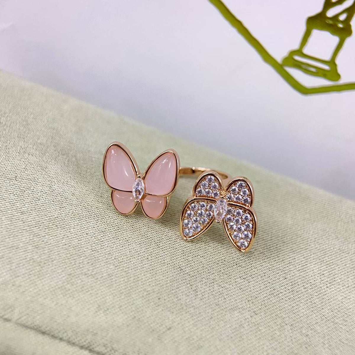 [Zalyn Jewelry]TWIN BUTTERFLY NEW DIAMOND & PINK BUTTERFLY RING