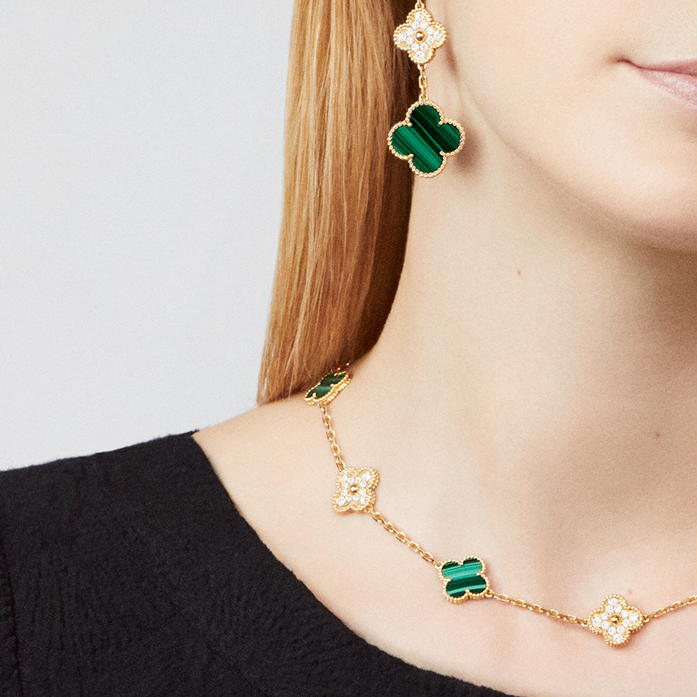 [Zalyn Jewelry ]CLOVER 10 MOTIFS MALACHITE DIAMOND NECKLACE