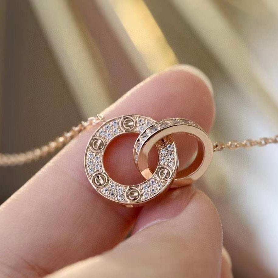 [Zalyn Jewelry ]LOVE 7.6MM NECKLACE ROSE GOLD AND SILVER  FULL DIAMOND