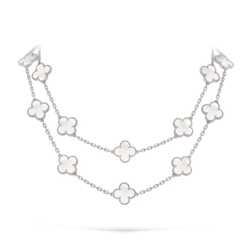 [Zalyn]CLASSIC 20-MOTIF LUCKY CLOVER LONG NECKLACE WHITE GOLD COLLECTION