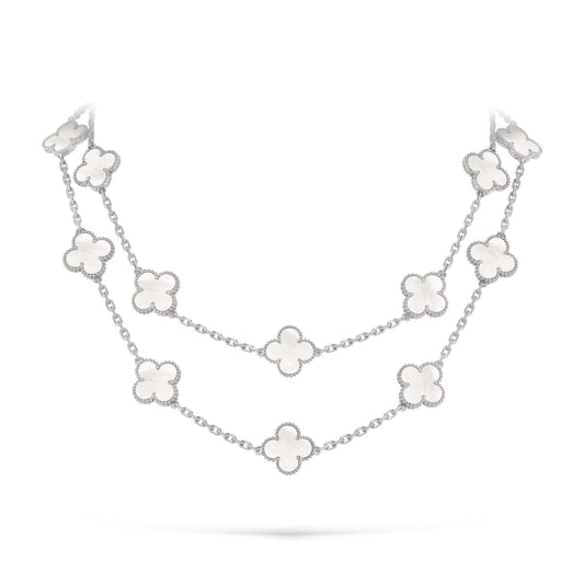 [Zalyn]CLASSIC 20-MOTIF LUCKY CLOVER LONG NECKLACE WHITE GOLD COLLECTION