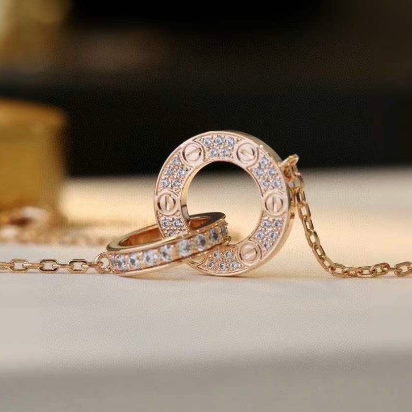 [Zalyn Jewelry ]LOVE 7.6MM NECKLACE ROSE GOLD AND SILVER  FULL DIAMOND