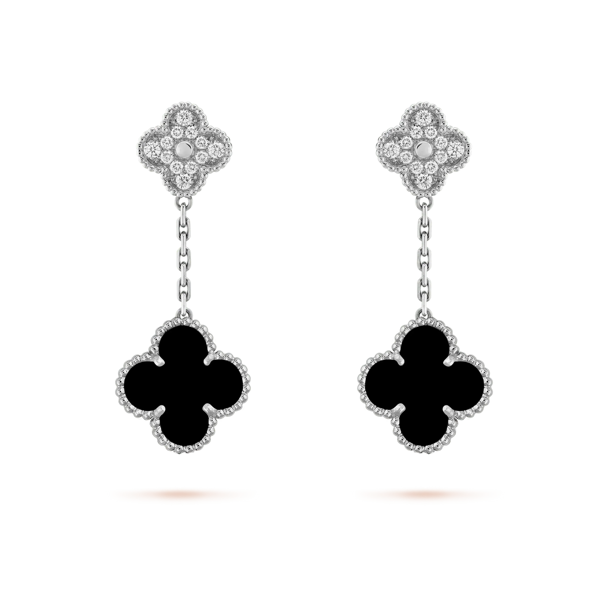 [Zalyn Jewelry ]CLOVER 2 MOTIFS  DIAMOND ONYX EARRINGS SILVER