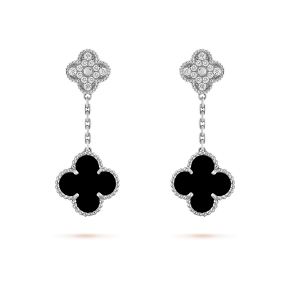 [Zalyn Jewelry ]CLOVER 2 MOTIFS  DIAMOND ONYX EARRINGS SILVER