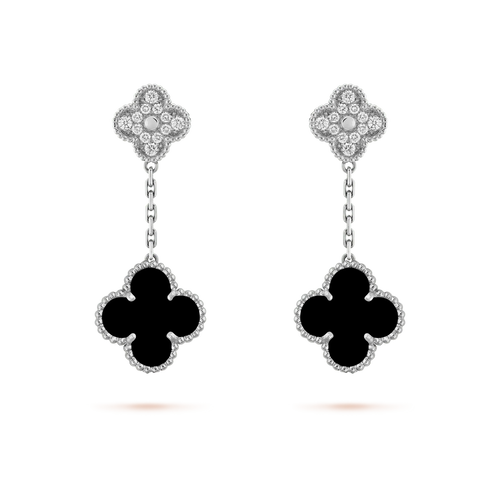 [Zalyn Jewelry ]CLOVER 2 MOTIFS  DIAMOND ONYX EARRINGS SILVER
