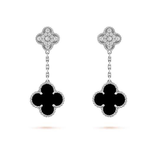 [Zalyn Jewelry ]CLOVER 2 MOTIFS  DIAMOND ONYX EARRINGS SILVER