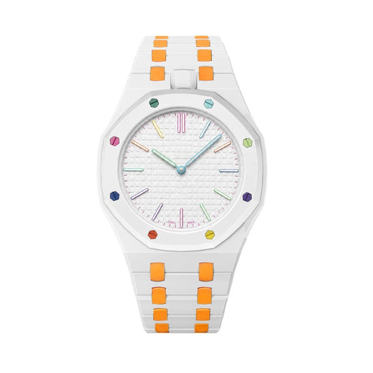 [Zalyn]OAK POP EXCLUSIVE WHITE AND ORANGE BIOCERAMIC STRAP