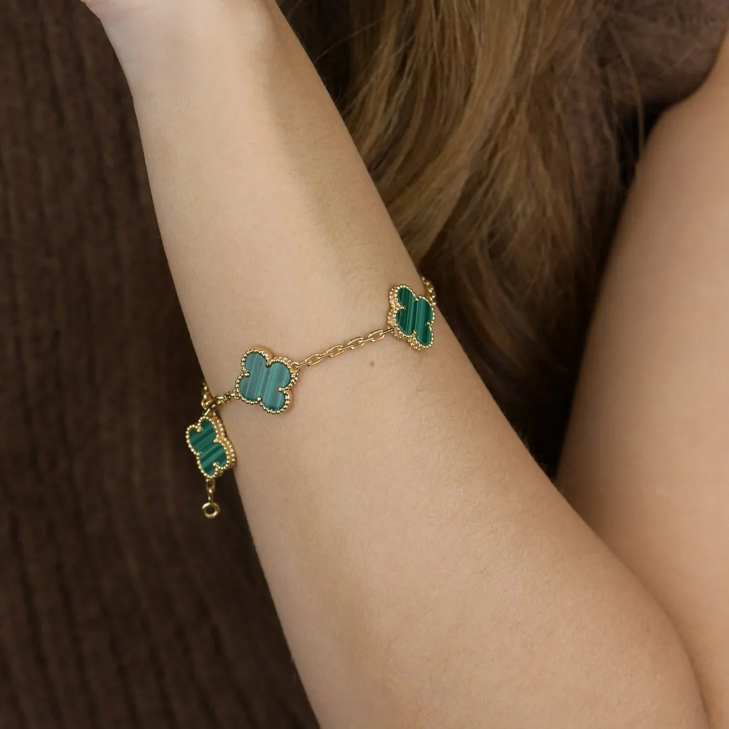 [Zalyn]LUCKY CLOVER 5-MOTIF BRACELET - MALACHITE COLLECTION