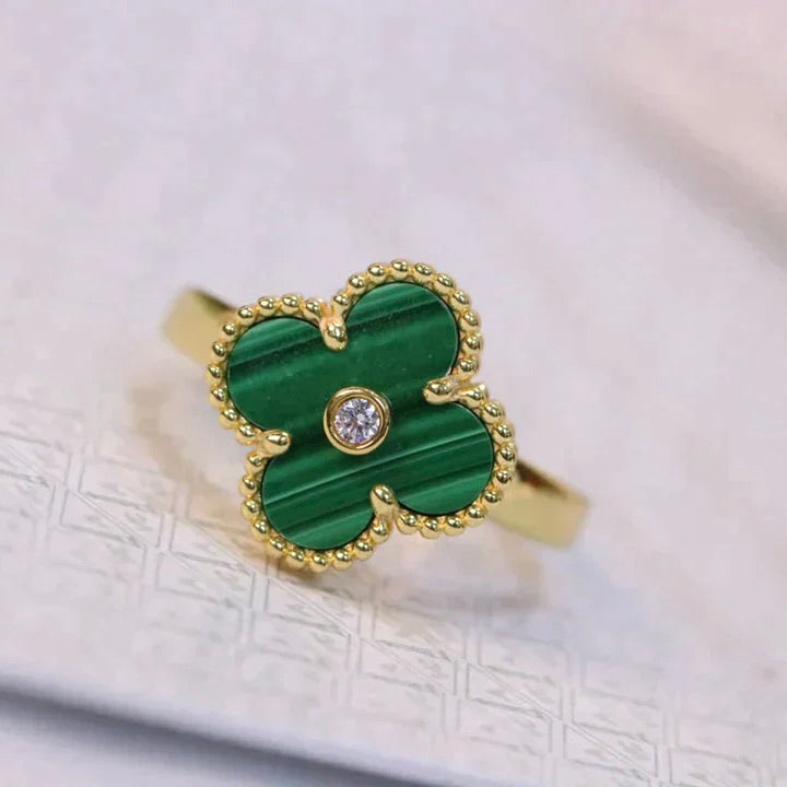 [Zalyn Jewelry ]CLOVER MALACHITE RING GOLD DIAMOND