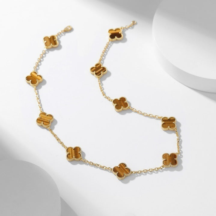 [Zalyn Jewelry ]CLOVER 10 MOTIFS TIGER EYE NECKLACE