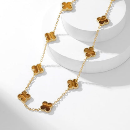 [Zalyn Jewelry ]CLOVER 10 MOTIFS TIGER EYE NECKLACE
