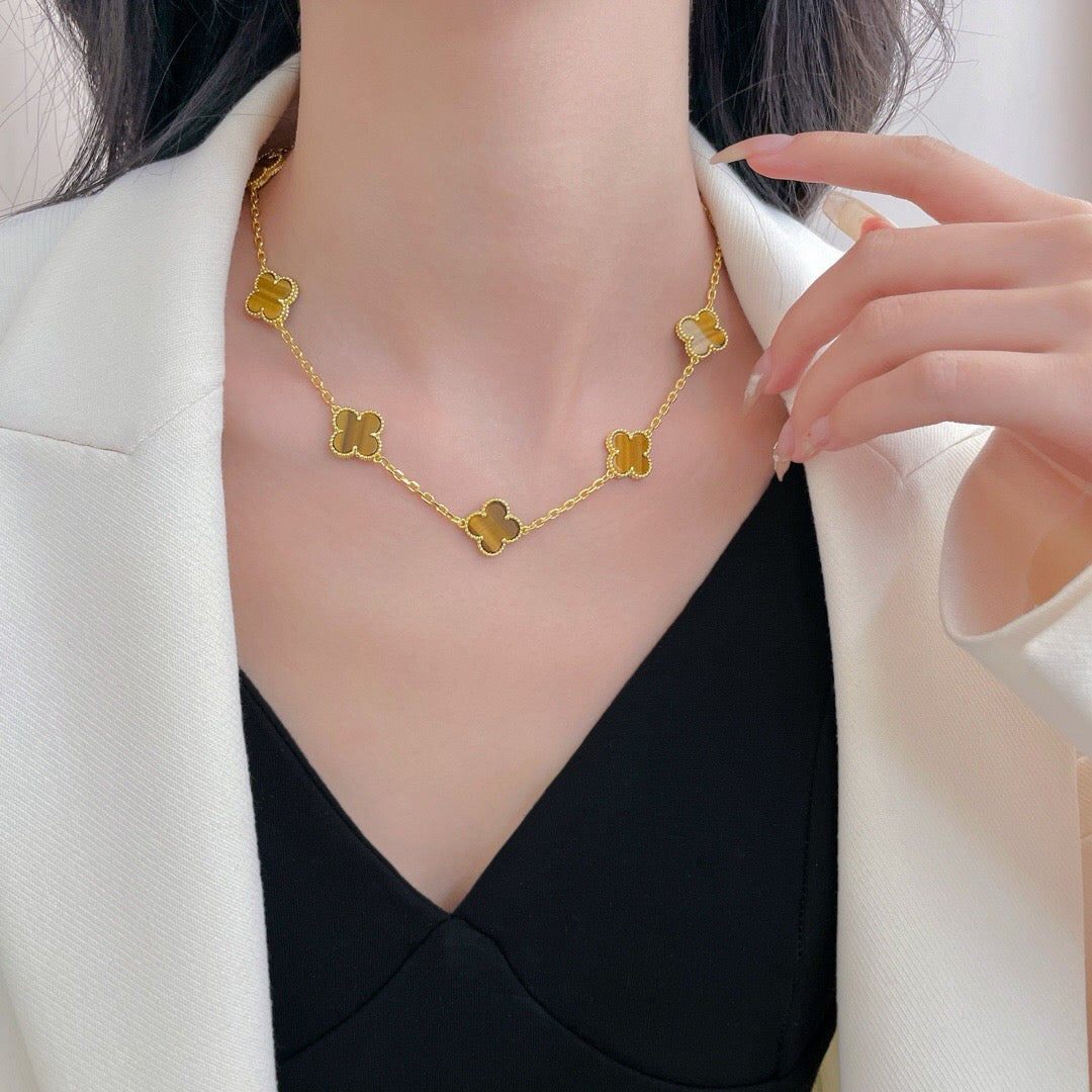 [Zalyn Jewelry ]CLOVER 10 MOTIFS TIGER EYE NECKLACE