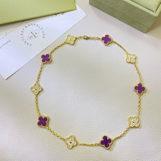 [Zalyn Jewelry ]CLOVER 10 MOTIFS  PURPLE VIOLET DIAMOND NECKLACE