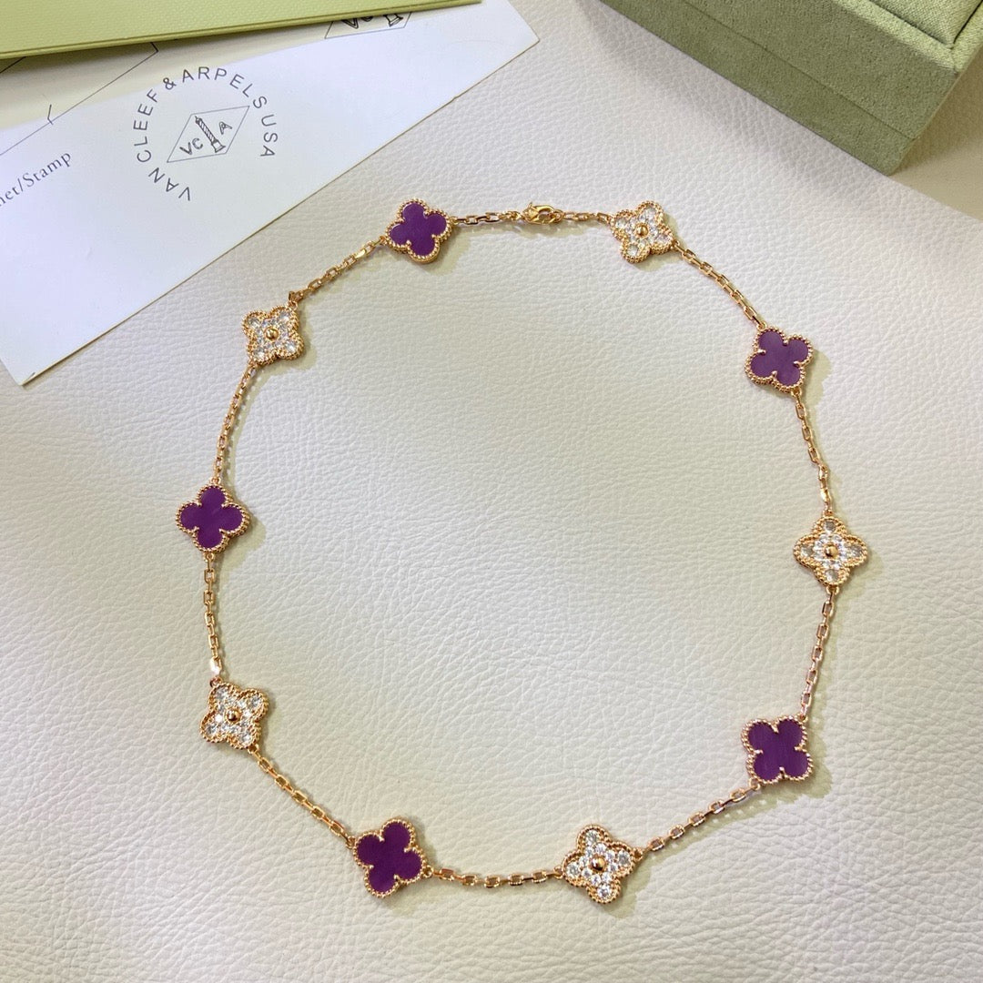 [Zalyn Jewelry ]CLOVER 10 MOTIFS  PURPLE VIOLET DIAMOND NECKLACE