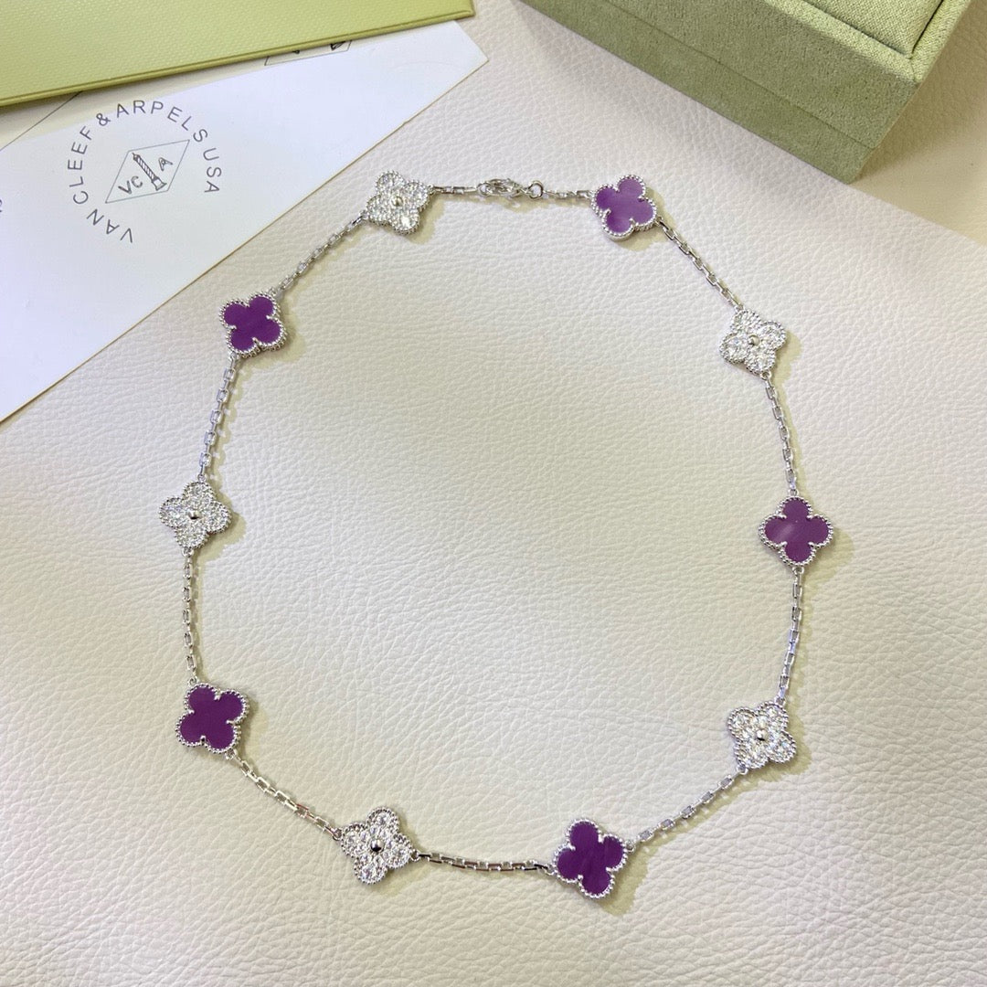 [Zalyn Jewelry ]CLOVER 10 MOTIFS  PURPLE VIOLET DIAMOND NECKLACE