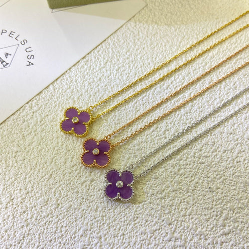 [Zalyn Jewelry ]CLOVER 15MM DIAMOND  PURPLE VIOLET NECKLACE