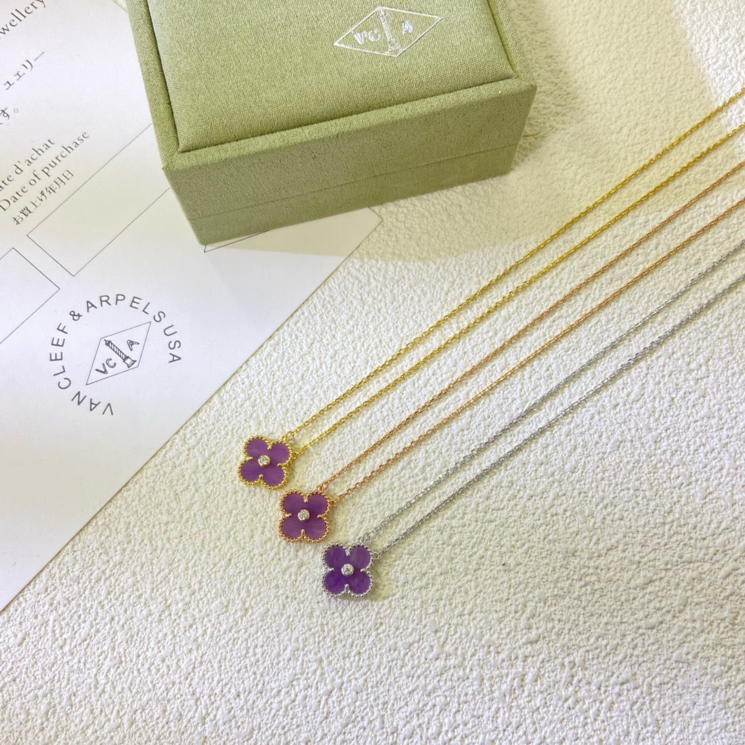 [Zalyn Jewelry ]CLOVER 15MM DIAMOND  PURPLE VIOLET NECKLACE
