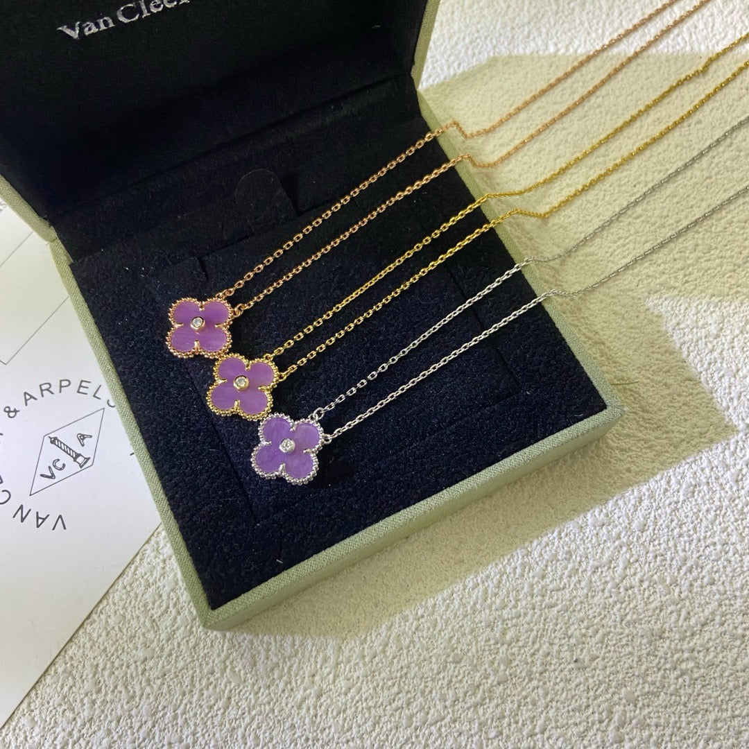 [Zalyn Jewelry ]CLOVER 15MM DIAMOND  PURPLE VIOLET NECKLACE