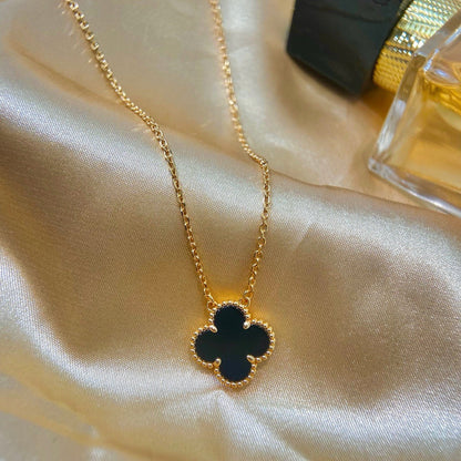 [Zalyn Jewelry ]CLOVER 15MM BLACK ONYX SINGLE FLOWER NECKLACE