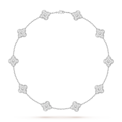 [Zalyn]CLASSIC LUCKY 10-MOTIF CLOVER NECKLACE WHITE GOLD COLLECTION