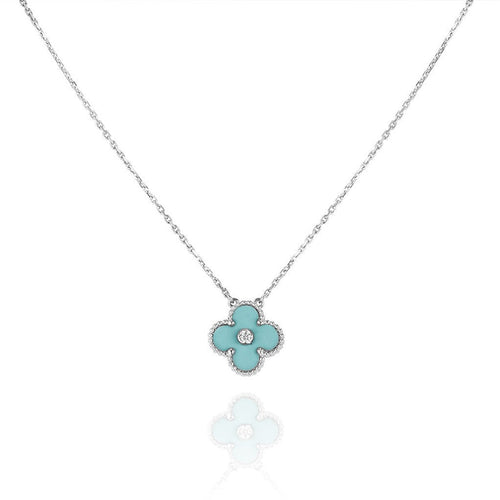 [Zalyn Jewelry ]CLOVER 1 DIAMOND LIGHT BLUE SILVER NECKLACE