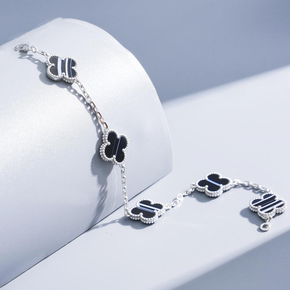 [Zalyn Jewelry ]CLOVER 5 MOTIF VEINED ONYX BRACELET SILVER