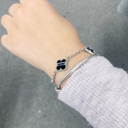 [Zalyn Jewelry ]CLOVER 5 MOTIF VEINED ONYX BRACELET SILVER