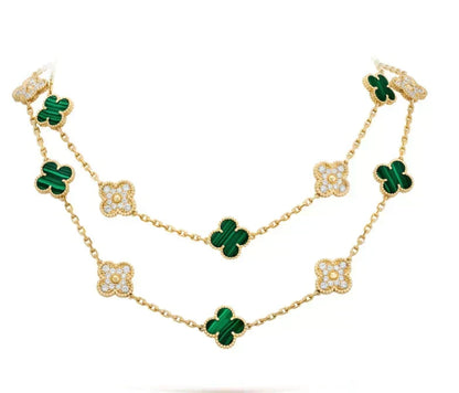 [Zalyn Jewelry ]CLOVER 20 MOTIFS MALACHITE DIAMOND NECKLACE