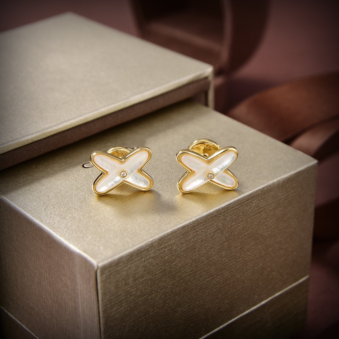 [Zalyn]JEUX DE WHITE MOP GOLD DIAMOND EARRINGS