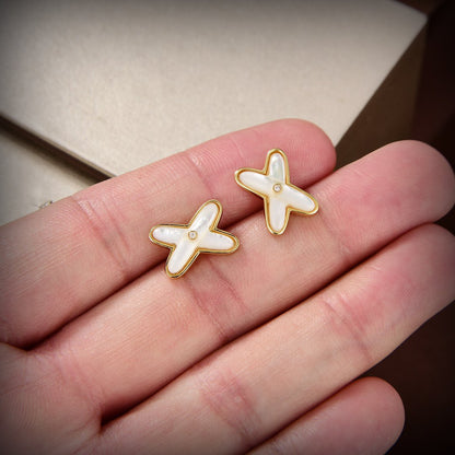 [Zalyn]JEUX DE WHITE MOP GOLD DIAMOND EARRINGS