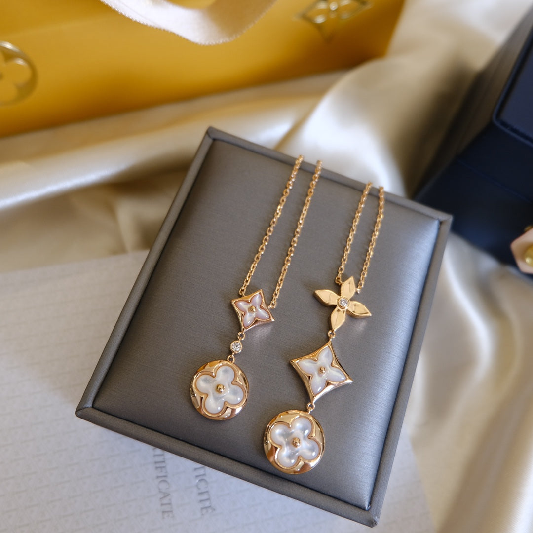 [Zalyn]COLOR BLOSSOM LARIAT NECKLACE ROSE GOLD WHITE MOTHER PEARL AND DIAMOND