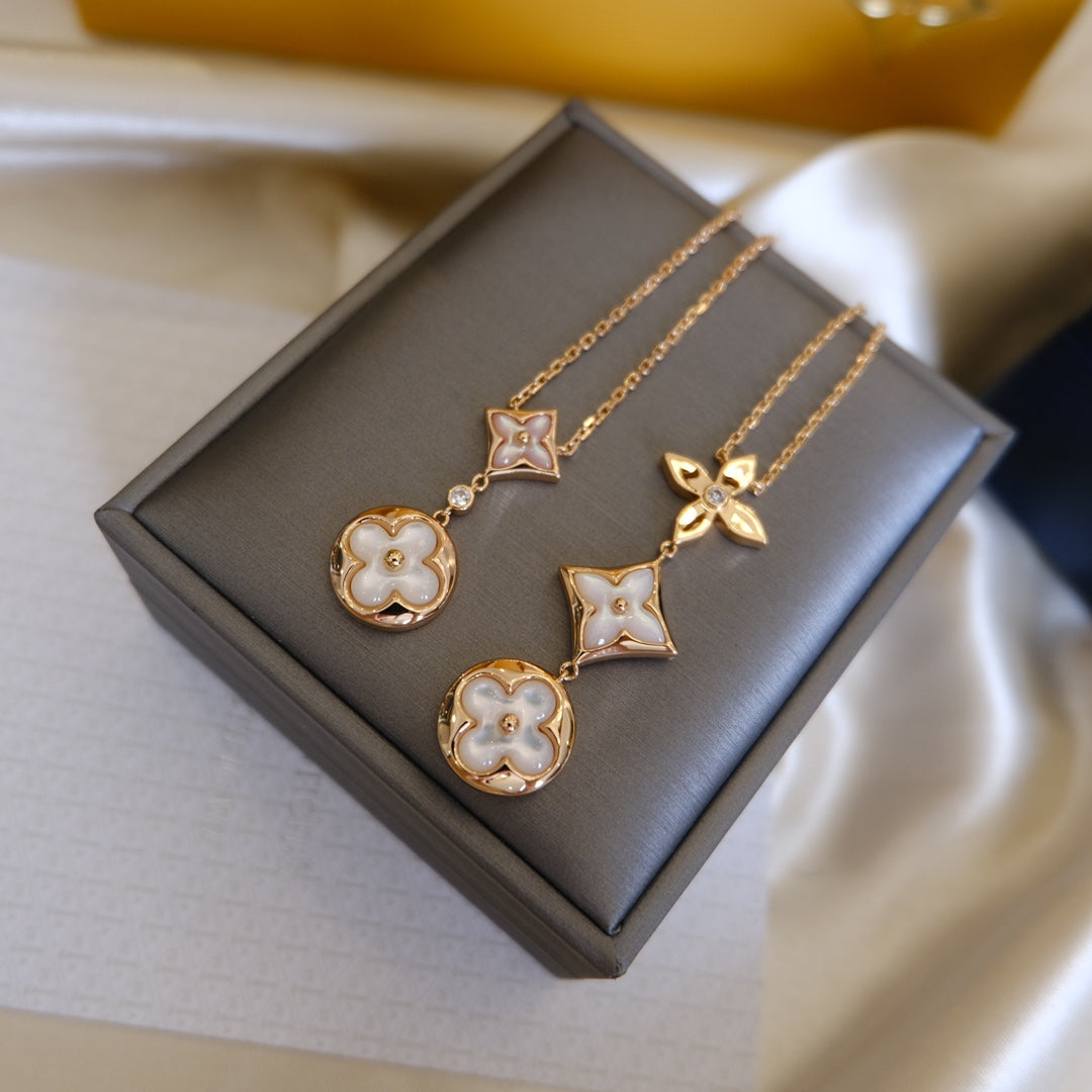 [Zalyn]COLOR BLOSSOM LARIAT NECKLACE ROSE GOLD WHITE MOTHER PEARL AND DIAMOND