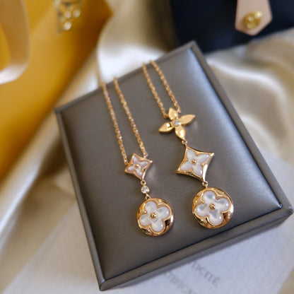 [Zalyn]COLOR BLOSSOM LARIAT NECKLACE ROSE GOLD WHITE MOTHER PEARL AND DIAMOND