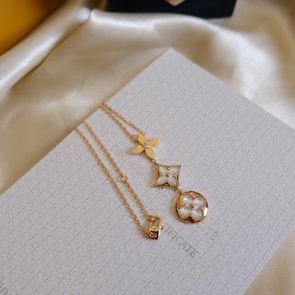 [Zalyn]COLOR BLOSSOM LARIAT NECKLACE ROSE GOLD WHITE MOTHER PEARL AND DIAMOND