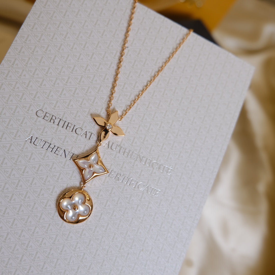 [Zalyn]COLOR BLOSSOM LARIAT NECKLACE ROSE GOLD WHITE MOTHER PEARL AND DIAMOND