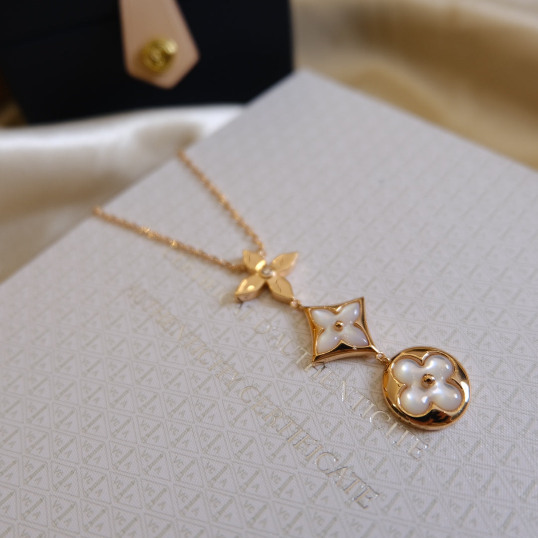 [Zalyn]COLOR BLOSSOM LARIAT NECKLACE ROSE GOLD WHITE MOTHER PEARL AND DIAMOND