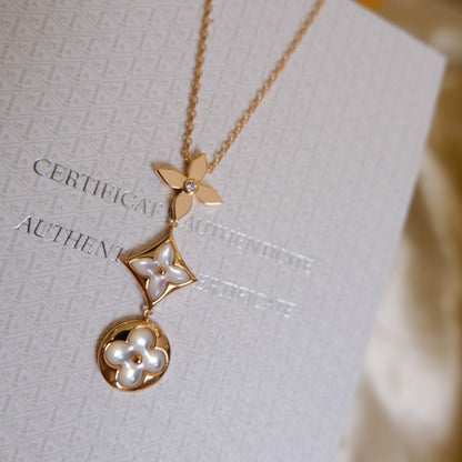 [Zalyn]COLOR BLOSSOM LARIAT NECKLACE ROSE GOLD WHITE MOTHER PEARL AND DIAMOND