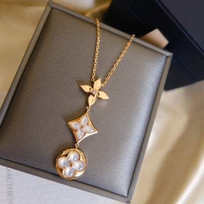 [Zalyn]COLOR BLOSSOM LARIAT NECKLACE ROSE GOLD WHITE MOTHER PEARL AND DIAMOND