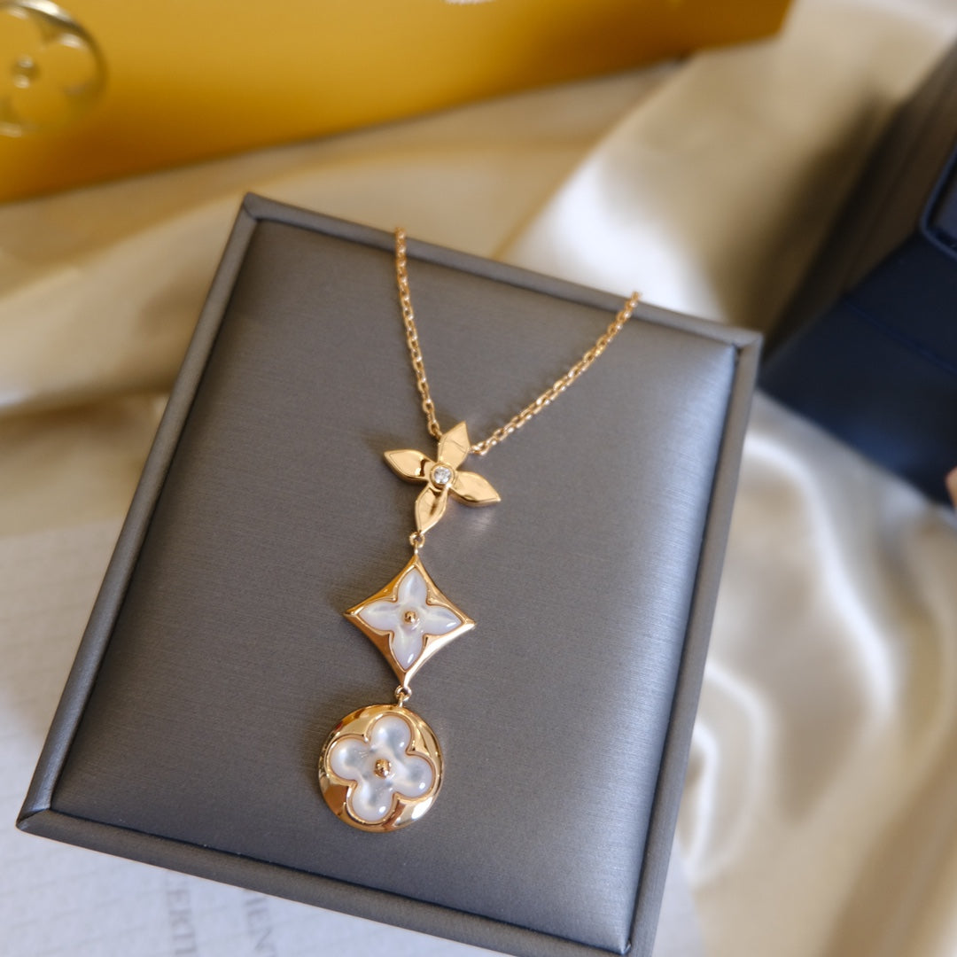 [Zalyn]COLOR BLOSSOM LARIAT NECKLACE ROSE GOLD WHITE MOTHER PEARL AND DIAMOND