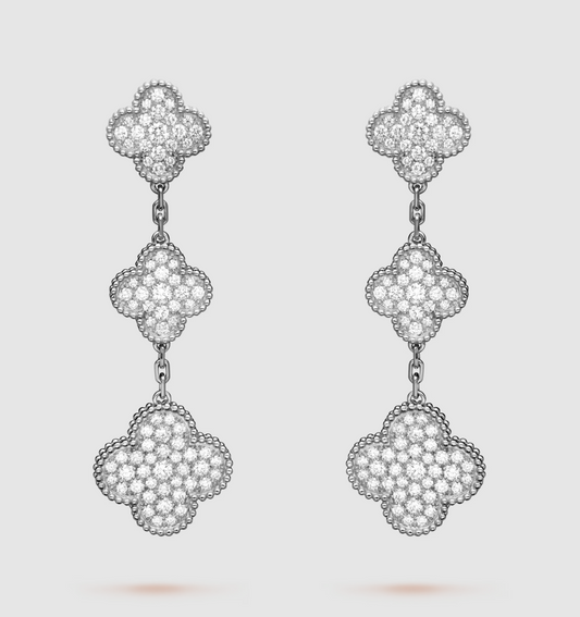 [Zalyn Jewelry ]CLOVER 3 MOTIF DIAMOND SILVER DROP EARRINGS