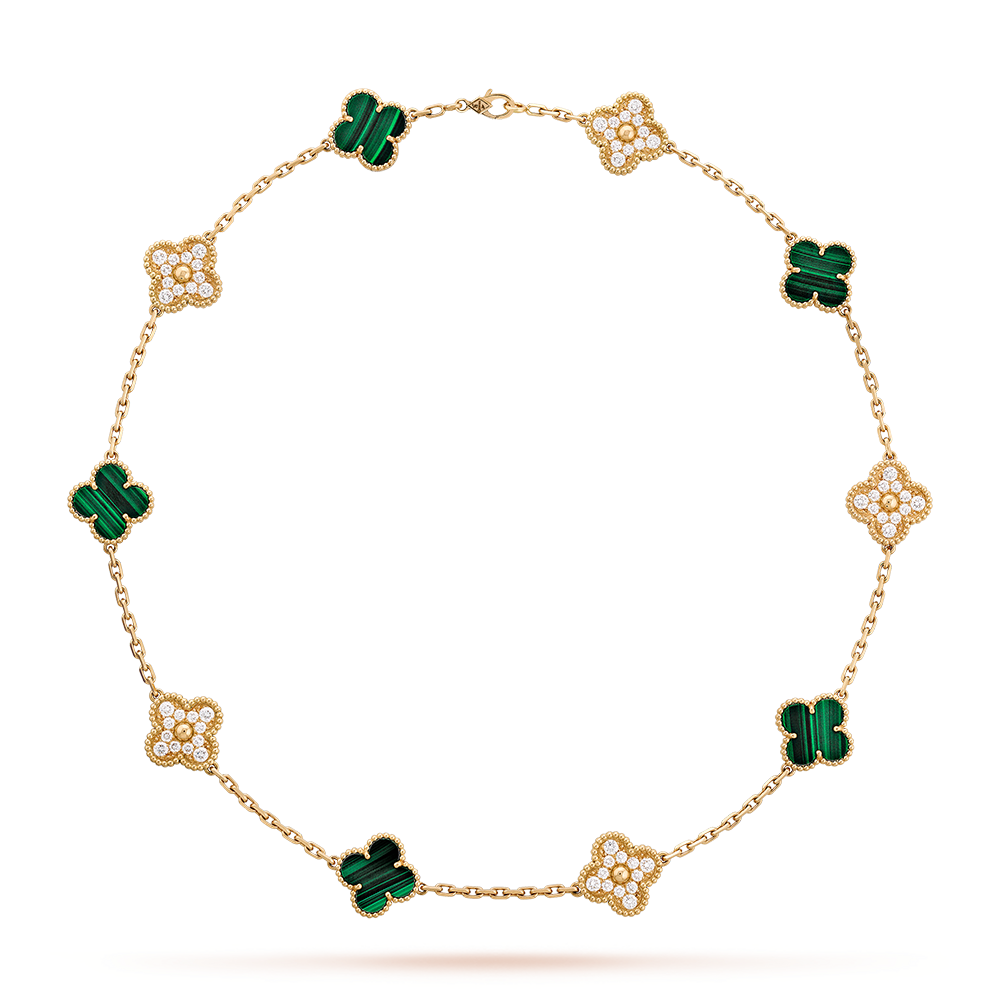 [Zalyn Jewelry ]CLOVER 10 MOTIFS MALACHITE DIAMOND NECKLACE