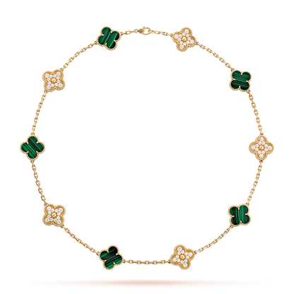 [Zalyn Jewelry ]CLOVER 10 MOTIFS MALACHITE DIAMOND NECKLACE