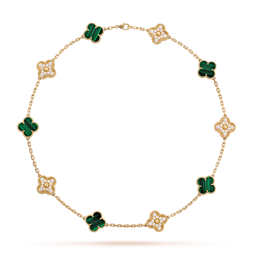 [Zalyn Jewelry ]CLOVER 10 MOTIFS MALACHITE DIAMOND NECKLACE