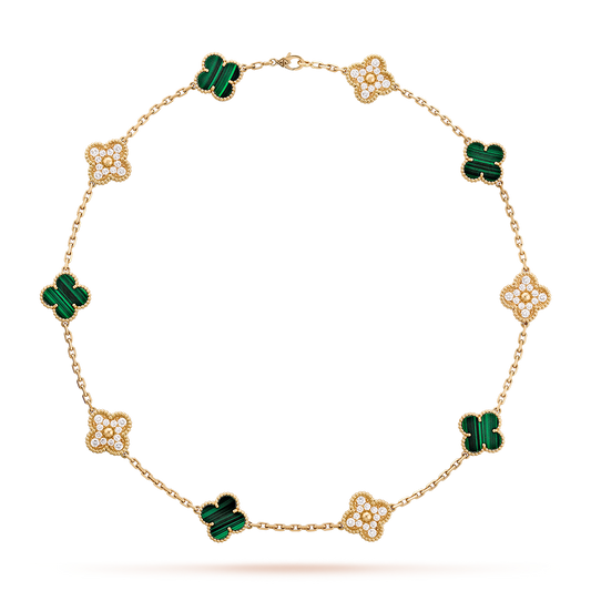 [Zalyn Jewelry ]CLOVER 10 MOTIFS MALACHITE DIAMOND NECKLACE